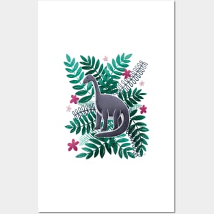 Dinosaur & Leaves - Pink Posters and Art